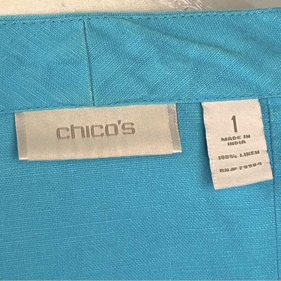 Chico’s 100% linen aqua 3/4 sleeve open front jacket, size 1 (medium). - Picture 7 of 8